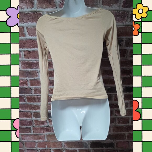 Cider Top XS | Tan Rhinestone V Neck Long Sleeve Y2K Coquette Sparkle Chic - Picture 2 of 7